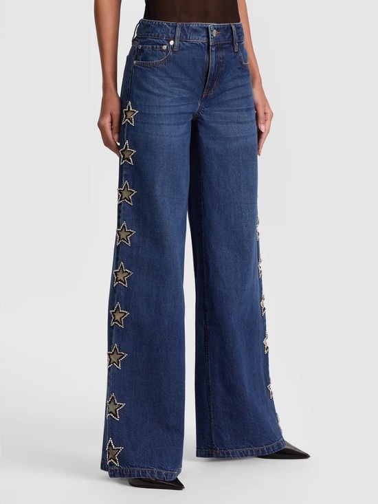 Alice + Olivia Denim - Alice + Olivia Dark Blue Wide-Leg Jeans with Star Embellishments